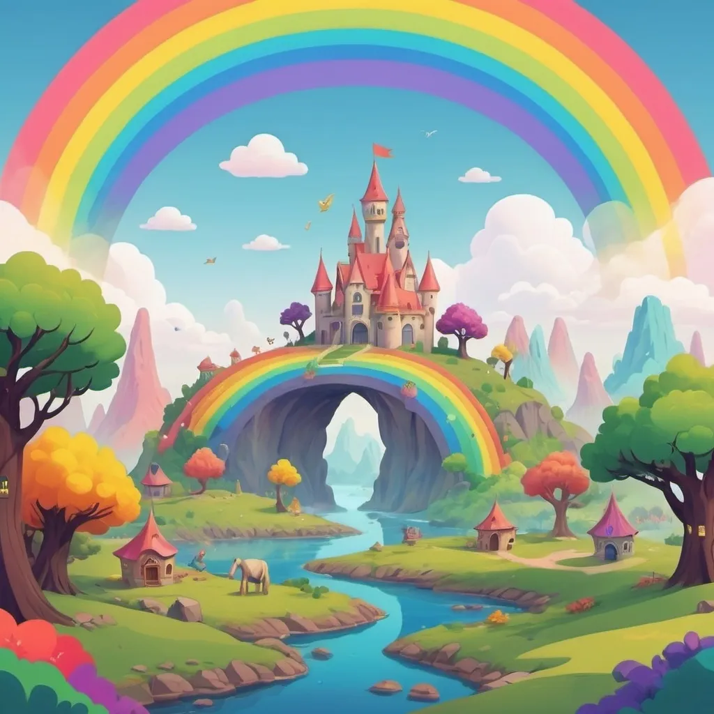 Prompt: MAKE SIMPLE CARTOON STYLE FANTASY WORLD WITH RAINBOW