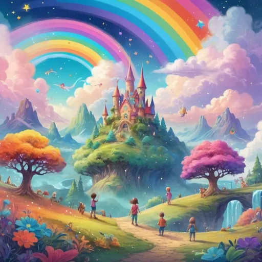 Prompt: (colorful children’s fantasy world background), (vibrant rainbow), whimsical clouds, playful creatures, enchanting trees, sparkling stars, magical landscapes, cheerful atmosphere, bright color palette, fantasy elements, dreamy vibe, inviting scenery, imaginative details, immerse in wonder, ultra-detailed, captivating.