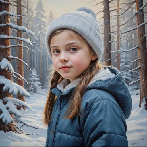 Prompt: Snowy forest scene with a 9-year-old Russian girl, realistic oil painting, snowy pine trees, winter wonderland, detailed facial features, high quality, realistic, traditional art, cool tones, soft natural lighting, serene atmosphere