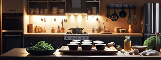 Prompt: cooking products in a table cinematic lighting 