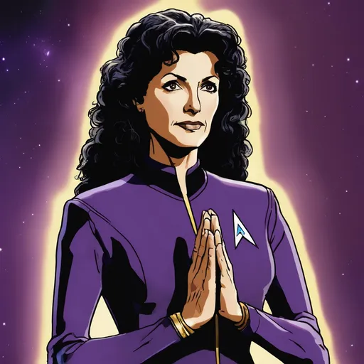 Prompt: Dianna troi from StarTrek Next Generation in her purple jumpsuit with curly hair standing up and  she has her hands together praying  