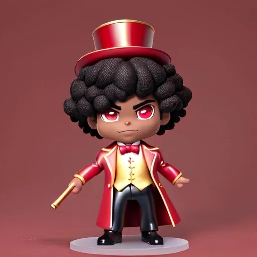 Prompt: young man, black dark dark brown colored skin african, charming face, joyous, cocky happy detective  artist young male, with really short closely cropped  tightly coiled Afro-textured jet black hair low , dark eeathy brown a lean body that looks like a demigod, is soaked and wearing  a blood red suit including a blood red morning coat, red undershirt, a high-gloss gold brocade waistcoat, red undershirt, a pink cravat under his neck, a crimson-red Victorian top hat, holding a red cane walking down street of london Cocky smirk wearing a red top hat jawline