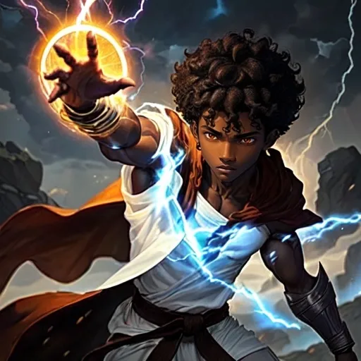 Prompt: young, dark brown colored skin african martial artist young male teen, with really very short curly short black hair, orange eyes, a lean body that looks like a demigod, is wearing a white cloak, outfit hovering in the sky with lightning behind him, as floating rock pebbles surround him as he wields fire in his hand controlling the elements