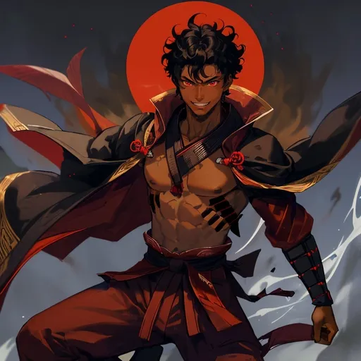 Prompt: young, black dark dark brown colored skin african martial artist samurai young male, with really very short curly short jet black hair, red eyes, a lean body that looks like a demigod, is wearing a red samurai cloak, red pants,s wearing a cocky  grin 