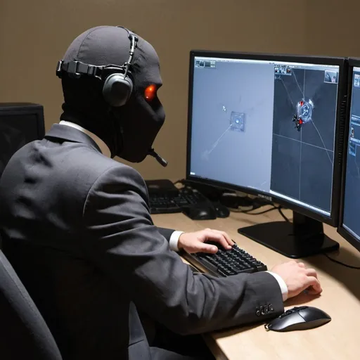 Prompt: A faceless man in a suit playing counterstrike on a desktop computer