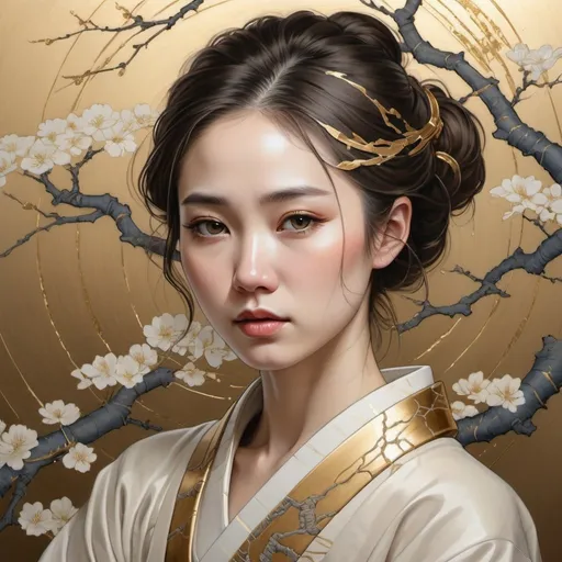 Prompt: Kintsugi-style portrait of a serene woman, delicate gold embellishments, elegant traditional Japanese art, peaceful beauty, high quality, detailed, serene, kintsugi, elegant, traditional, serene, delicate, gold accents, portrait, peaceful, woman, art, gentle lighting