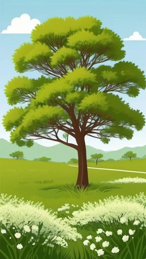 Prompt: Acacia tree is blooming with white flowers, near the acacia is glade with green grass, flat vector image