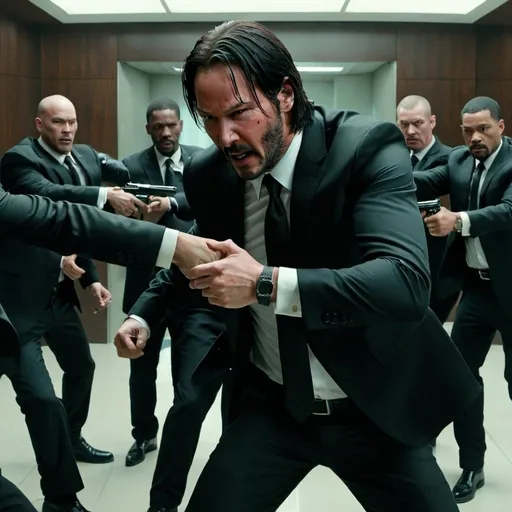 Prompt: John Wick assaulting multiple men in black suits with a deildo in his hand