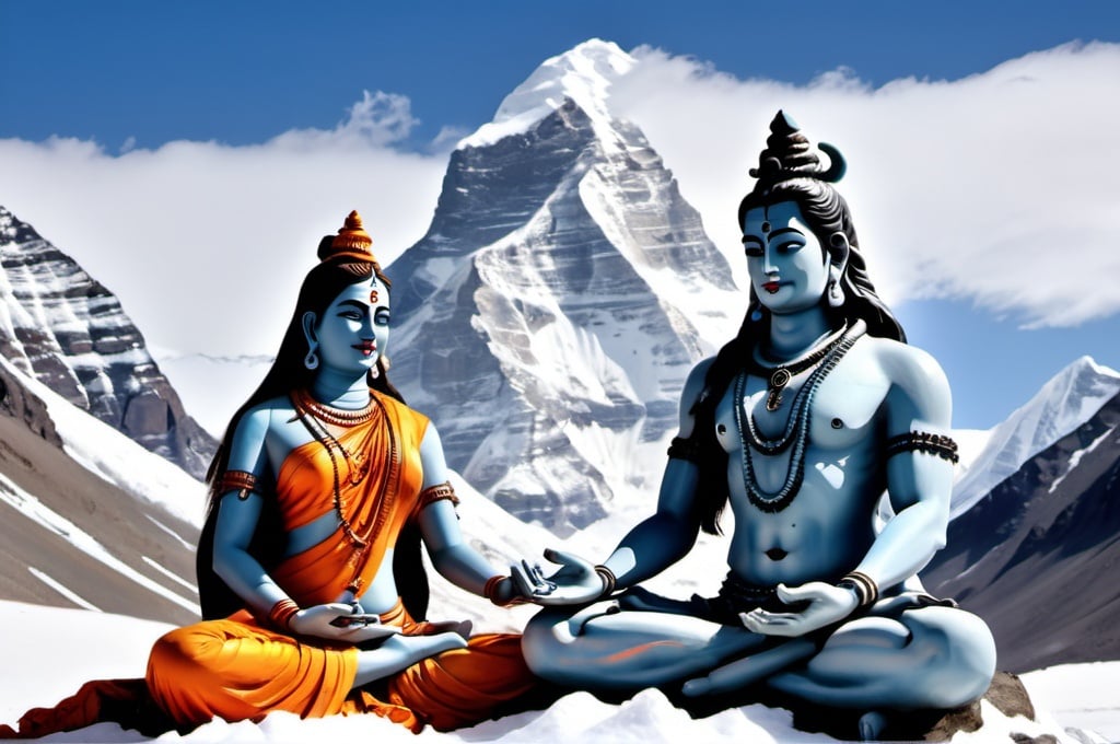 Prompt: "Lord Shiva and Goddess Parvati sitting peacefully in meditation on Mount Kailash, surrounded by snow-covered mountains and a tranquil environment."