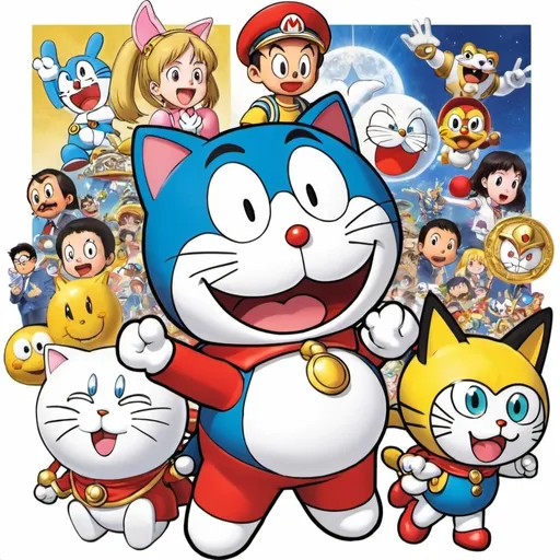 Prompt: Dorisamon Doraemon Calvin and Hobbes Despicable Me Super Mario and Sailor Moon Yo Kai Watch in 2005🇯🇵
