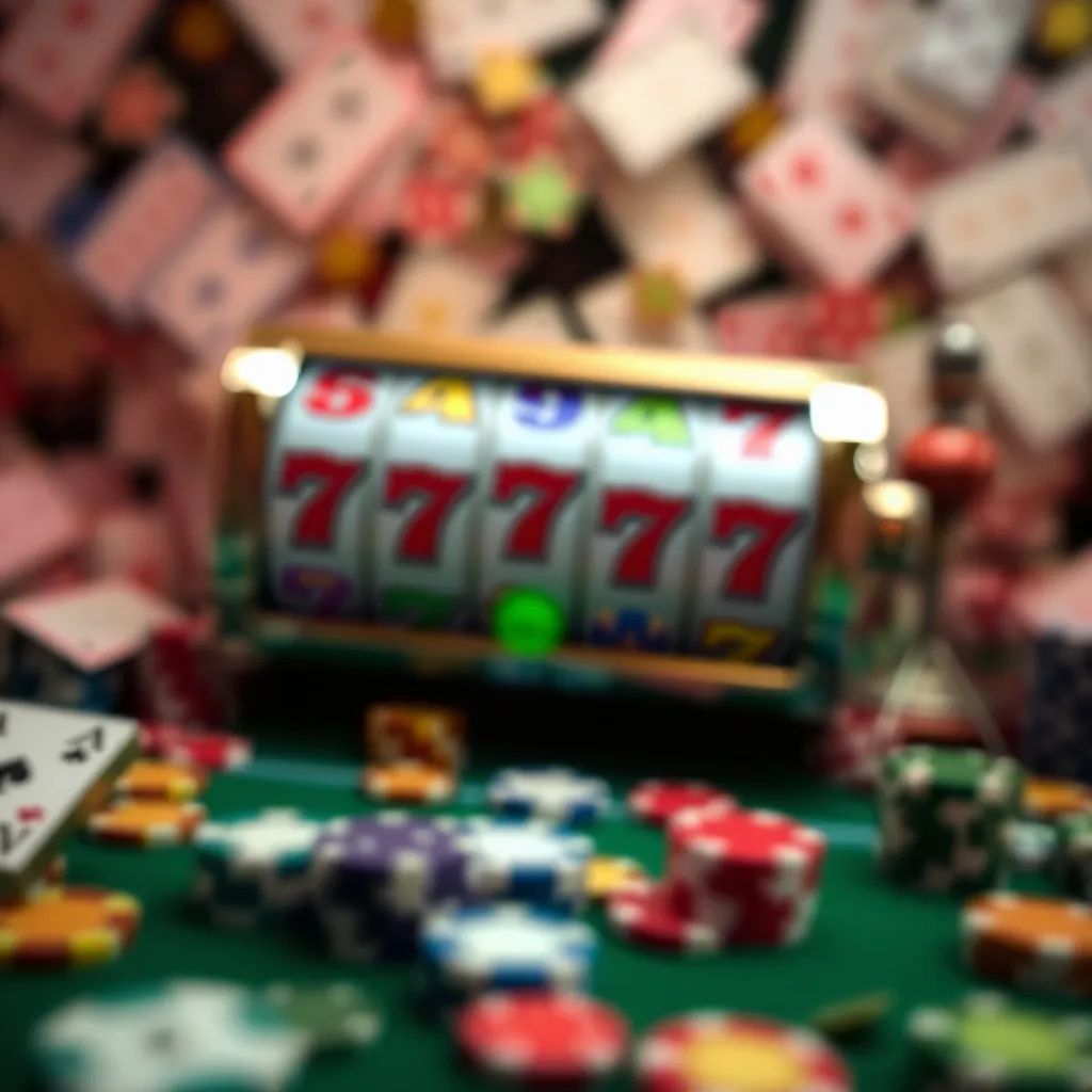 Prompt: I need a background for my portfolio website called gamemathematician.com

Use slots elements, craps, cards and similar. Let the background now be swamped with it. Make it all blurry and nice for the homepage.
