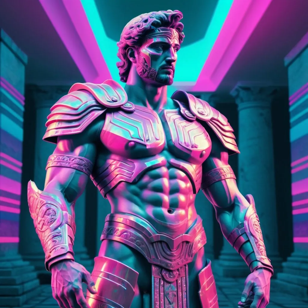 Prompt: Vaporwave rendition of Hector of Troy, digital art, neon pastels, vaporwave aesthetic, glitch effects, muscular figure with modern armor, ancient meets retro, surreal background, 4k, ultra-detailed, digital art, vaporwave, glitch effects, neon pastels, modern armor, ancient, surreal, muscular figure, retro, atmospheric lighting