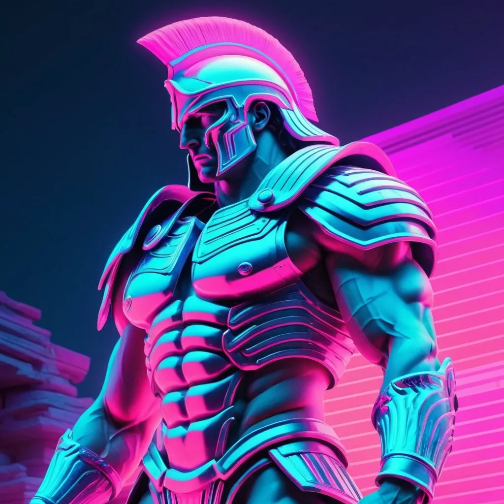 Prompt: Vaporwave rendition of Achilles, digital art, neon pastels, vaporwave aesthetic, glitch effects, muscular figure with modern armor, ancient meets retro, surreal background, 4k, ultra-detailed, digital art, vaporwave, glitch effects, neon pastels, modern armor, ancient, surreal, muscular figure, retro, atmospheric lighting