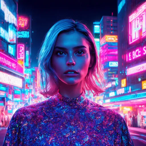 Prompt: HBO's "Euphoria" themed vaporwave, retro 80s style, neon-lit cityscape, vaporwave aesthetic, digital art, vibrant colors, 80s fashion, detailed portrait, highres, neon-lit, vaporwave, retro, vibrant, 80s, digital art, detailed portrait, atmospheric lighting