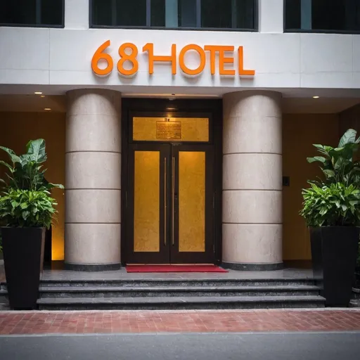 Prompt: The entrance of a hotel, the name is 681 Hotel