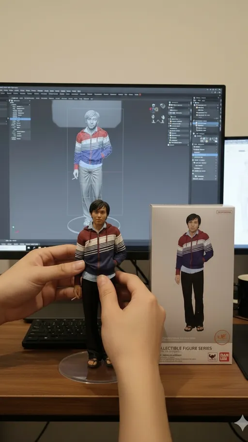 Prompt: Nure two hand gently pick up the figure on the frame and rotate it slightly for inspection. The model in the packaging box remain stationary, while all other background elements stay unchanged. Rasio 9:16