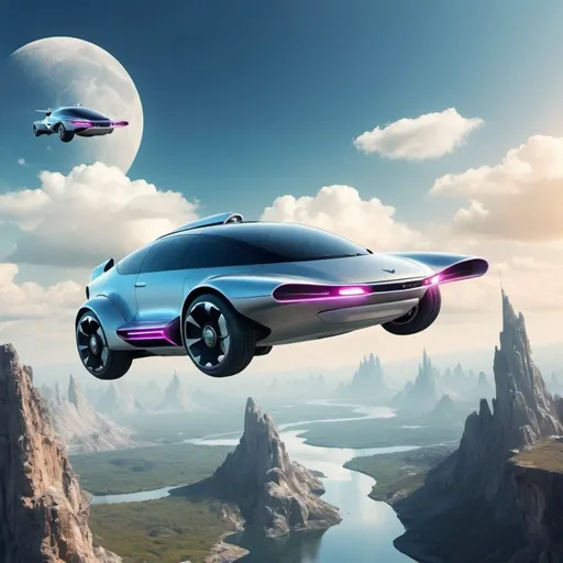 Prompt: flying car to the future fantasy world
