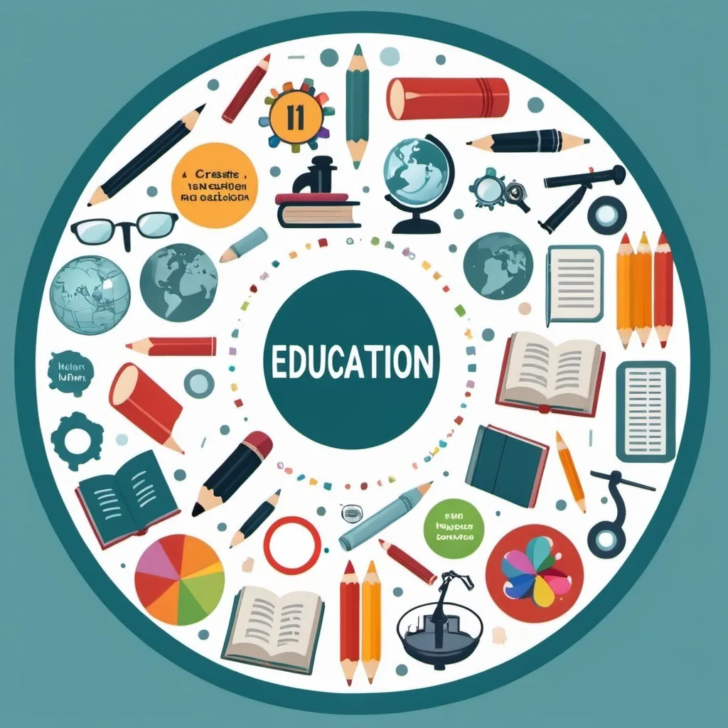 Prompt: Create an image for education with numbers, books, microscopes, pencils, school b inside a circle and with the word Education in the centre