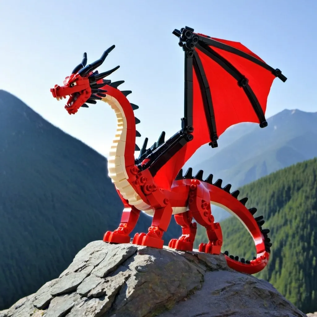 Prompt: Lego Dragon on a mountain