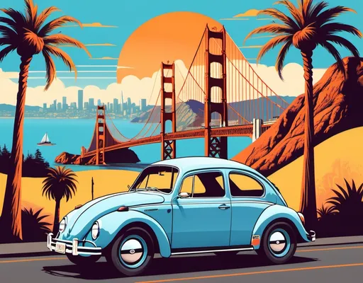 Prompt: (illustrated T-shirt design), Baby-Blue 1960 VW Beetle, 1970's era San Francisco, vibrant colors, retro style, sunny atmosphere, colorful urban background, iconic Golden Gate Bridge, palm trees swaying, artistic flair, playful vibe, nostalgic feel, high-quality vector illustration, engaging and dynamic composition.