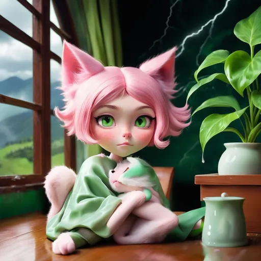 Prompt: a woman who has cat like features who skin is light pink short hair fur type but yet is skin. she is sitting on the edge of a luscious green mountain with a storm cloud brewing in the distance