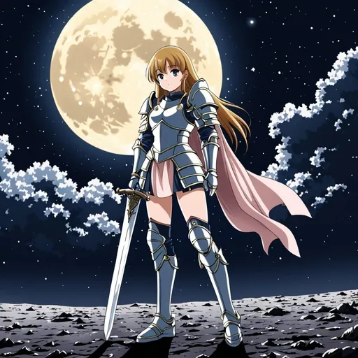 Prompt: a anime girl in a armor standing  on the moon with a sword 