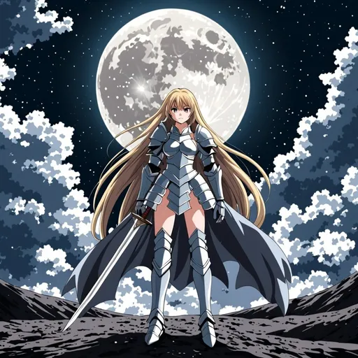 Prompt: a anime girl with long long hair and is in  armor standing  on the moon with a sword 