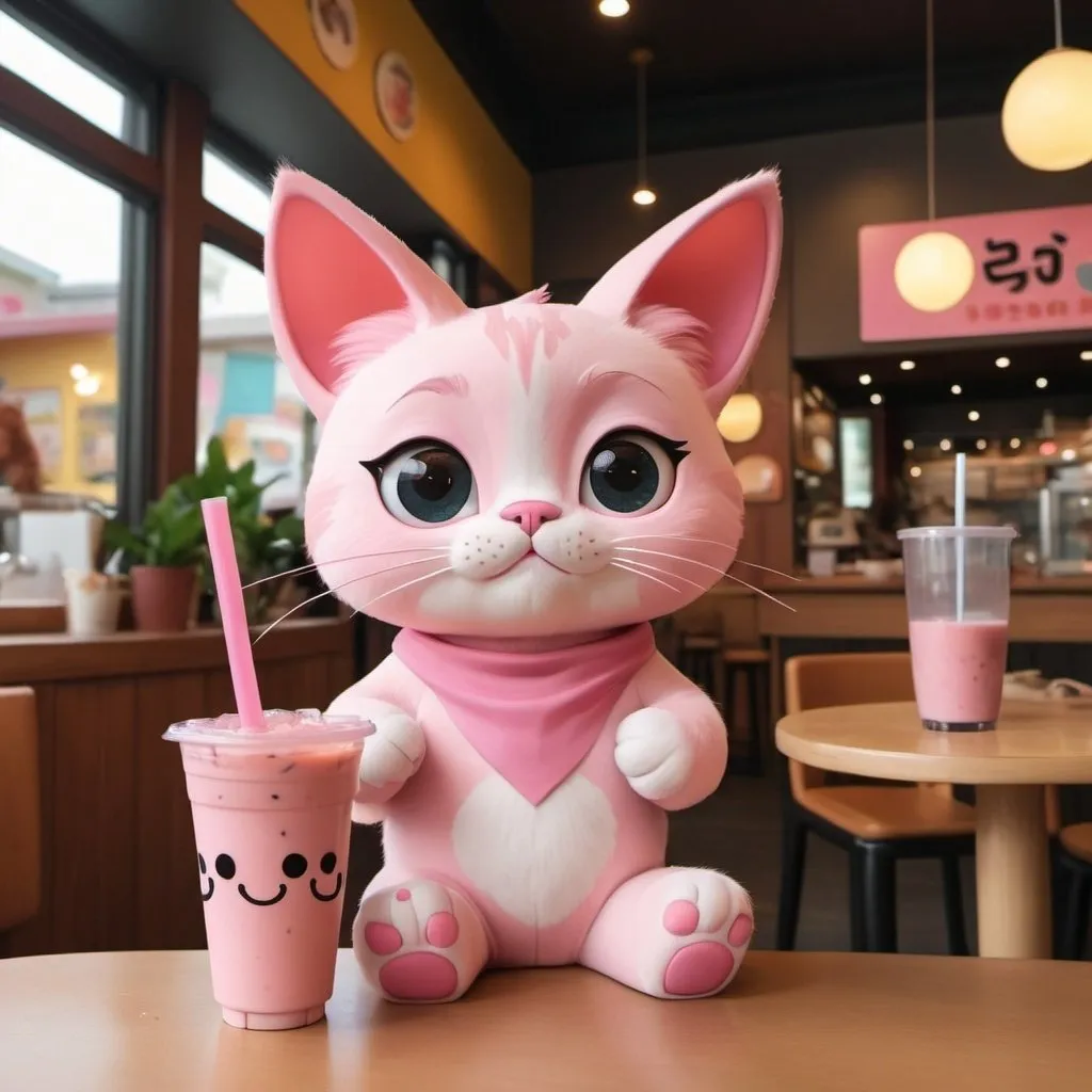 Prompt: a animated cartoon  pink cat with big ears sitting in a cartoon cafe drinking cartoon boba tea