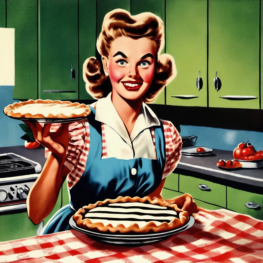 Prompt: a young 1950's housewife holding a pie she just made with serial killer eyes done in 1950's art style