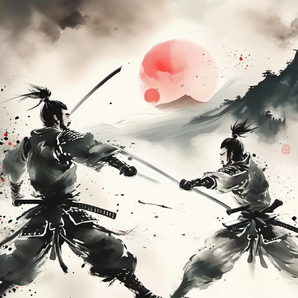 Prompt: ink-painting, two young samurai, wearing armor, anime scene, fighting each other with one katanas, distant view, mountains and trees in the distance, full moon, wide shot