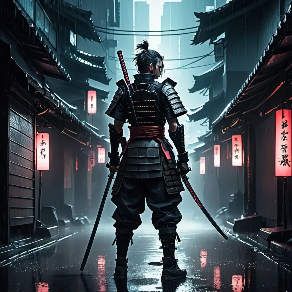 Prompt: Anime cyberpunk style, young samurai, wearing armor, holding katanas, standing in a wet alley of a dark city, looking into an empty street