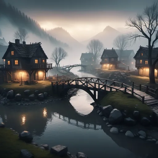 Prompt: small settlement, foggy, bridge and river, dramatic fantasy settlement scene, cinematic lighting