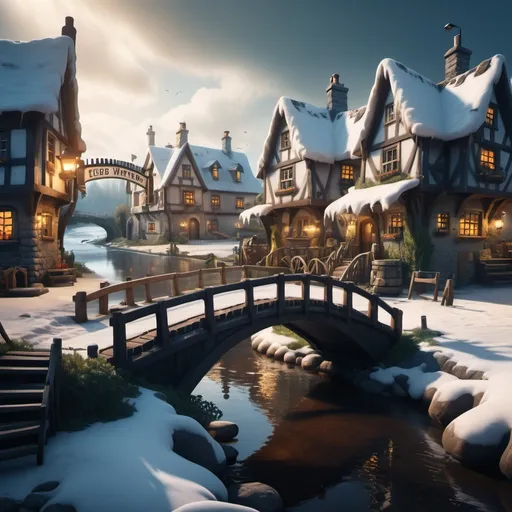 Prompt: small settlement, snowy, bridge and river with clear water, fish in water, dramatic fantasy settlement scene, pub with sign, cinematic lighting