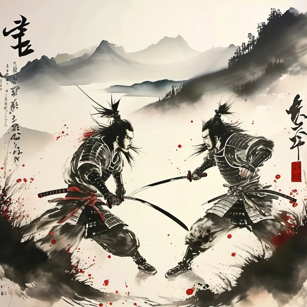 Prompt: j horror, two young samurai, wearing armor, anime scene, fighting each other with one katanas, distant view, mountains and trees in the distance, full moon, wide shot