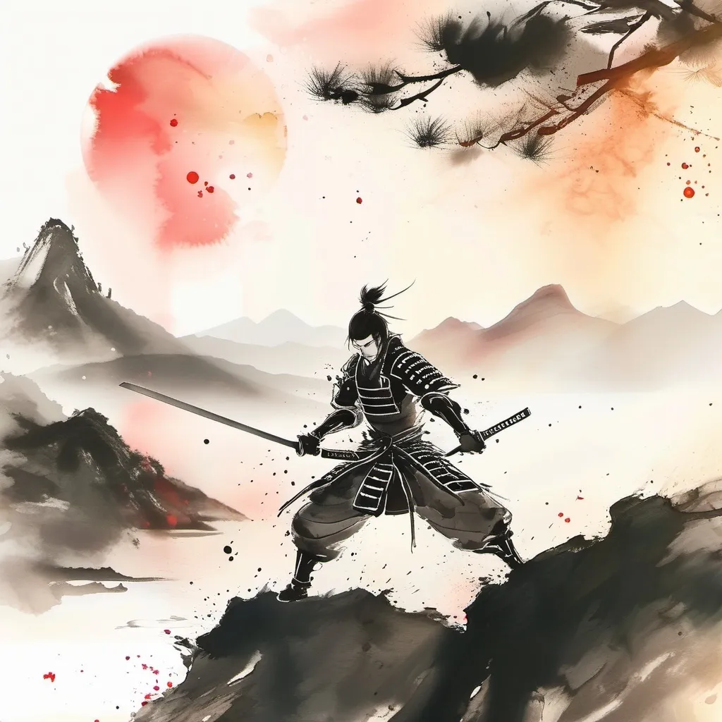 Prompt: ink-painting, young samurai, wearing armor, anime scene, combat pose with one katana and one dagger, distant view, facing the mountains, sunset, wide shot