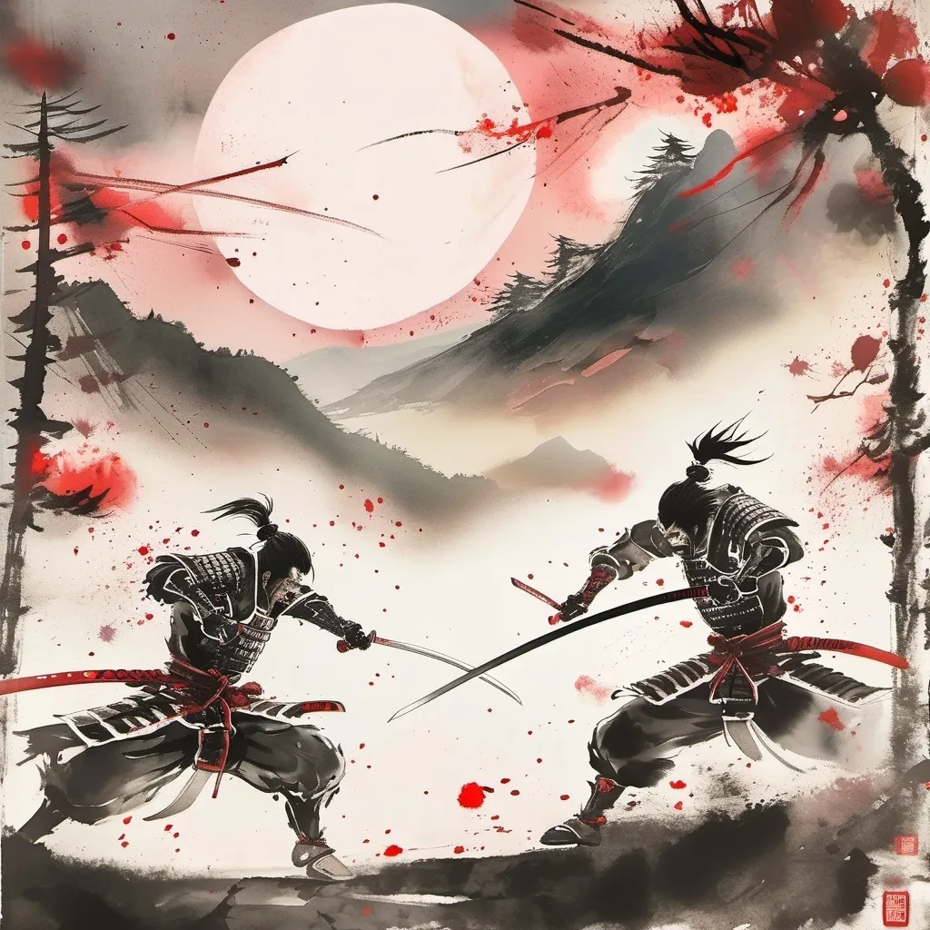 Prompt: j horror, two young samurai, wearing armor, anime scene, aggressively fighting each other with katanas, blood, distant view, mountains and trees in the distance, full moon, wide shot
