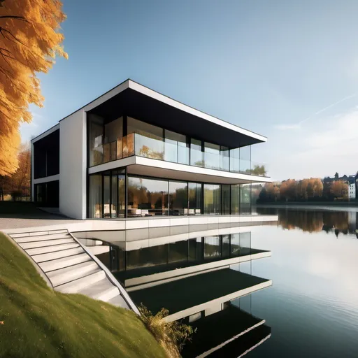 Prompt: A stunning modern house located in a vibrant European city, with a picturesque view of a serene lake right in front. The house features large floor-to-ceiling windows, a sleek balcony with glass railings, and a minimalist yet sophisticated design, blending effortlessly with the surrounding landscape. In the foreground, the lake’s surface sparkles in the sunlight, with gently rippling waters reflecting the clear blue sky. On the opposite side of the lake, beautiful cobblestone streets line the waterfront, where charming cafes and elegant restaurants with outdoor seating offer an inviting atmosphere. These restaurants have classic European-style architecture, with colorful awnings, intricate ironwork, and flower boxes overflowing with blooms. The scene is filled with warmth, with people strolling along the lakeside promenade, enjoying the peaceful setting and the lively yet relaxing vibe of this European city. The backdrop features historical buildings with soft terracotta rooftops, giving the entire scene an authentic, timeless European charm.                                                   