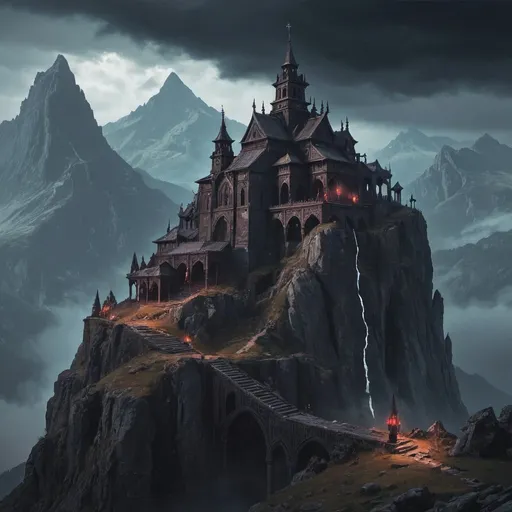 Prompt: Dark necromancer monastery on a mountain peak