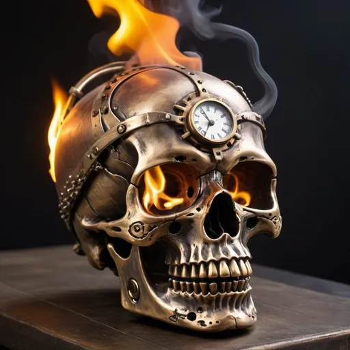 Prompt: A flaming skull is used to make a steam punk device