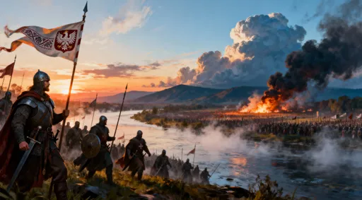 Prompt: Epic cinematic illustration of the Battle of Warsaw 1920, heroic Polish soldiers on the banks of the Vistula River at dawn, flowing banners, dramatic smoke and fire in the distance, mist over the river, dynamic heroic poses, cinematic lighting with high contrast shadows, epic scale with mountains of clouds, painterly, highly detailed textures, dramatic brush strokes, Slavic folk motifs subtly woven into uniforms and banners, exaggerated epic composition, emotional intensity, cinematic epic style, heroic fantasy illustration, wide-angle cinematic perspective, glowing accents, painterly color grading, cinematic war atmosphere, large-scale battlefield panorama, energy, motion, dynamic sky, warm and cold color contrast, epic visual storytelling
