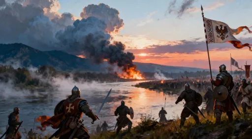 Prompt: Epic cinematic illustration of the Battle of Warsaw 1920, heroic Polish soldiers on the banks of the Vistula River at dawn, flowing banners, dramatic smoke and fire in the distance, mist over the river, dynamic heroic poses, cinematic lighting with high contrast shadows, epic scale with mountains of clouds, painterly, highly detailed textures, dramatic brush strokes, Slavic folk motifs subtly woven into uniforms and banners, exaggerated epic composition, emotional intensity, cinematic epic style, heroic fantasy illustration, wide-angle cinematic perspective, glowing accents, painterly color grading, cinematic war atmosphere, large-scale battlefield panorama, energy, motion, dynamic sky, warm and cold color contrast, epic visual storytelling
