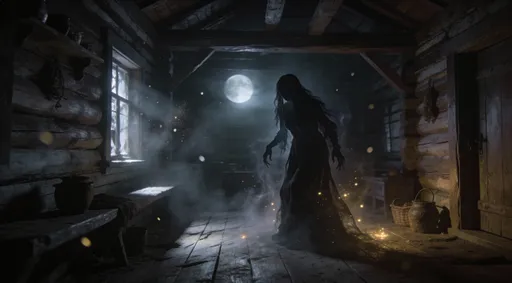 Prompt: A mystical Slavic folklore scene, featuring a shadowy female spirit (Kikimora) lurking in a dimly lit rustic house. Soft moonlight filters through wooden beams, dust motes floating in the air. Ethereal whispers and faint glowing lights around her. Wooden floors creak, corners shrouded in darkness. Cinematic composition, dramatic lighting, moody and haunting atmosphere, cinematic epic folk horror style, intricate details, cinematic depth, foggy shadows, subtle motion blur, muted earthy color palette with hints of silver and gold, 4K resolution, atmospheric, mystical and suspenseful energy.