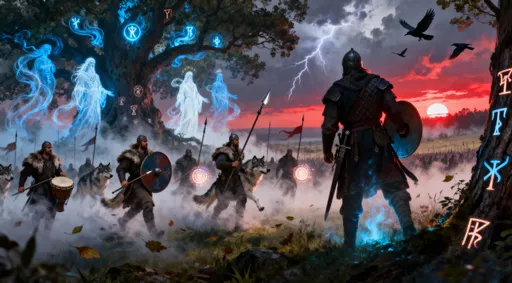 Prompt: A vast enchanted Slavic battlefield on the edge of a mystical ancient forest; early dawn light glowing red-gold across the Odra valley; swirling blue-white ancestral spirits rising from the oaks crowned with glowing runes; ghostly figures watching over heroic Polish warriors marching toward the Battle of Cedynia. Dynamic motion: shields raised, spears gleaming, wolf-pelt warriors moving through drifting fog shaped like ancient ancestors. Subtle hints of epic battle drums in the scene: warriors carrying drums, distant rhythmic vibrations causing mist and leaves to ripple, faint drum-shaped shapes glowing with ancestral energy. Dramatic cinematic lighting with thunder splitting the clouds, ravens circling overhead. Foreground: warrior silhouette illuminated by ethereal forest light; runes shimmering on bark and armor. Background: enchanted Slavic forest full of spirits, swirling mist, and divine presence. Blending mysticism + epic action + subtle rhythmic percussion. Ultra-detailed, 2k, fantasy realism, painterly style, powerful composition, epic atmosphere.
