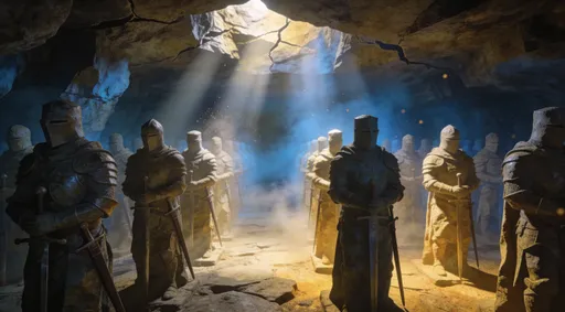 Prompt: A colossal underground hall beneath the Tatra Mountains, filled with an entire army of knights carved from ancient stone. Hundreds of stone warriors stand silent in rows, their armor fused with rock, their swords resting at their sides, their faces calm in eternal sleep. Soft beams of light fall from cracks in the cavern ceiling, illuminating dust and mist drifting through the air. The atmosphere is mystical, heroic, and uplifting — a legendary army awaiting the moment to awaken. Cinematic lighting, epic fantasy realism, dramatic shadows, ethereal glow, detailed stone textures, orchestral mood, angelic ambience.