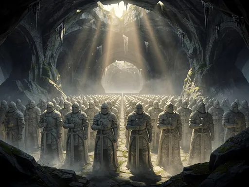 Prompt: A colossal underground hall beneath the Tatra Mountains, filled with an entire army of knights carved from ancient stone. Hundreds of stone warriors stand silent in rows, their armor fused with rock, their swords resting at their sides, their faces calm in eternal sleep. Soft beams of light fall from cracks in the cavern ceiling, illuminating dust and mist drifting through the air. The atmosphere is mystical, heroic, and uplifting — a legendary army awaiting the moment to awaken. Cinematic lighting, epic fantasy realism, dramatic shadows, ethereal glow, detailed stone textures, orchestral mood, angelic ambience.