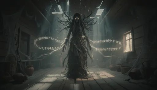 Prompt: A mystical Slavic folklore scene, featuring a shadowy female spirit (Kikimora) lurking in a dimly lit rustic house. Soft moonlight filters through wooden beams, dust motes floating in the air. Ethereal whispers and faint glowing lights around her. Wooden floors creak, corners shrouded in darkness. Cinematic composition, dramatic lighting, moody and haunting atmosphere, cinematic epic folk horror style, intricate details, cinematic depth, foggy shadows, subtle motion blur, muted earthy color palette with hints of silver and gold, 4K resolution, atmospheric, mystical and suspenseful energy.