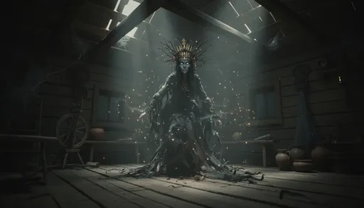 Prompt: A mystical Slavic folklore scene, featuring a shadowy female spirit (Kikimora) lurking in a dimly lit rustic house. Soft moonlight filters through wooden beams, dust motes floating in the air. Ethereal whispers and faint glowing lights around her. Wooden floors creak, corners shrouded in darkness. Cinematic composition, dramatic lighting, moody and haunting atmosphere, cinematic epic folk horror style, intricate details, cinematic depth, foggy shadows, subtle motion blur, muted earthy color palette with hints of silver and gold, 4K resolution, atmospheric, mystical and suspenseful energy.