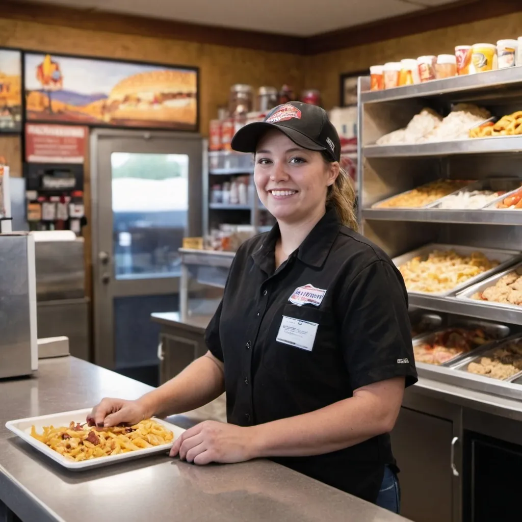 Prompt: A food and beverage concession stand worker that works at The Monument in Rapid City, South Dakota