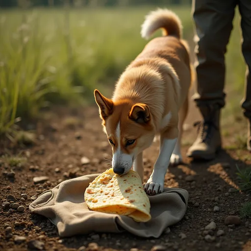 Prompt: Dog stealthily picking up a paratha from a hunters cloth bag kept near field,the shikari is standing there slightly sneaky look, no one noticing 🎨 Scene Style: Natural Light | Subtle Humor | Daylight | Wide Angle from top