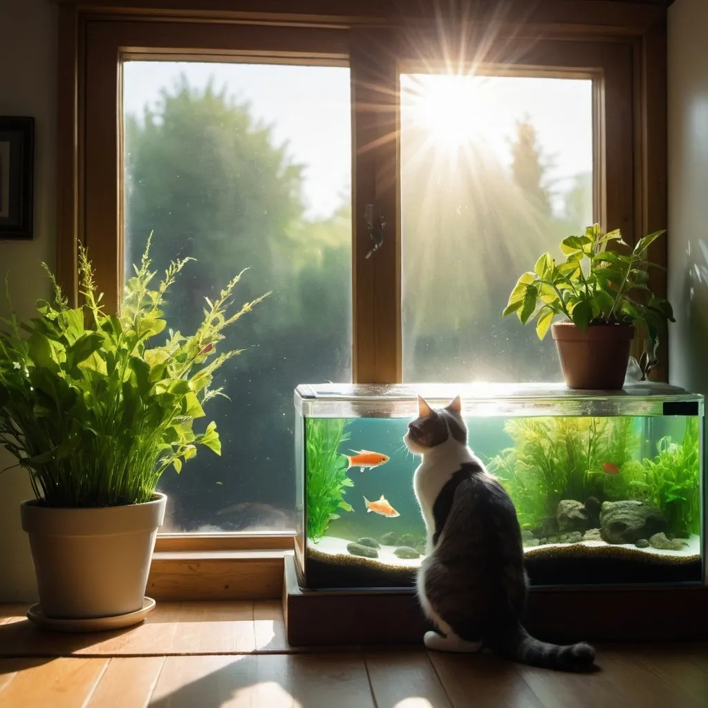 Prompt: A cat watching a fish tank. The fish tank has plants in it, and a few small fish. They are in a cottage and the sun is shining in through the window. 